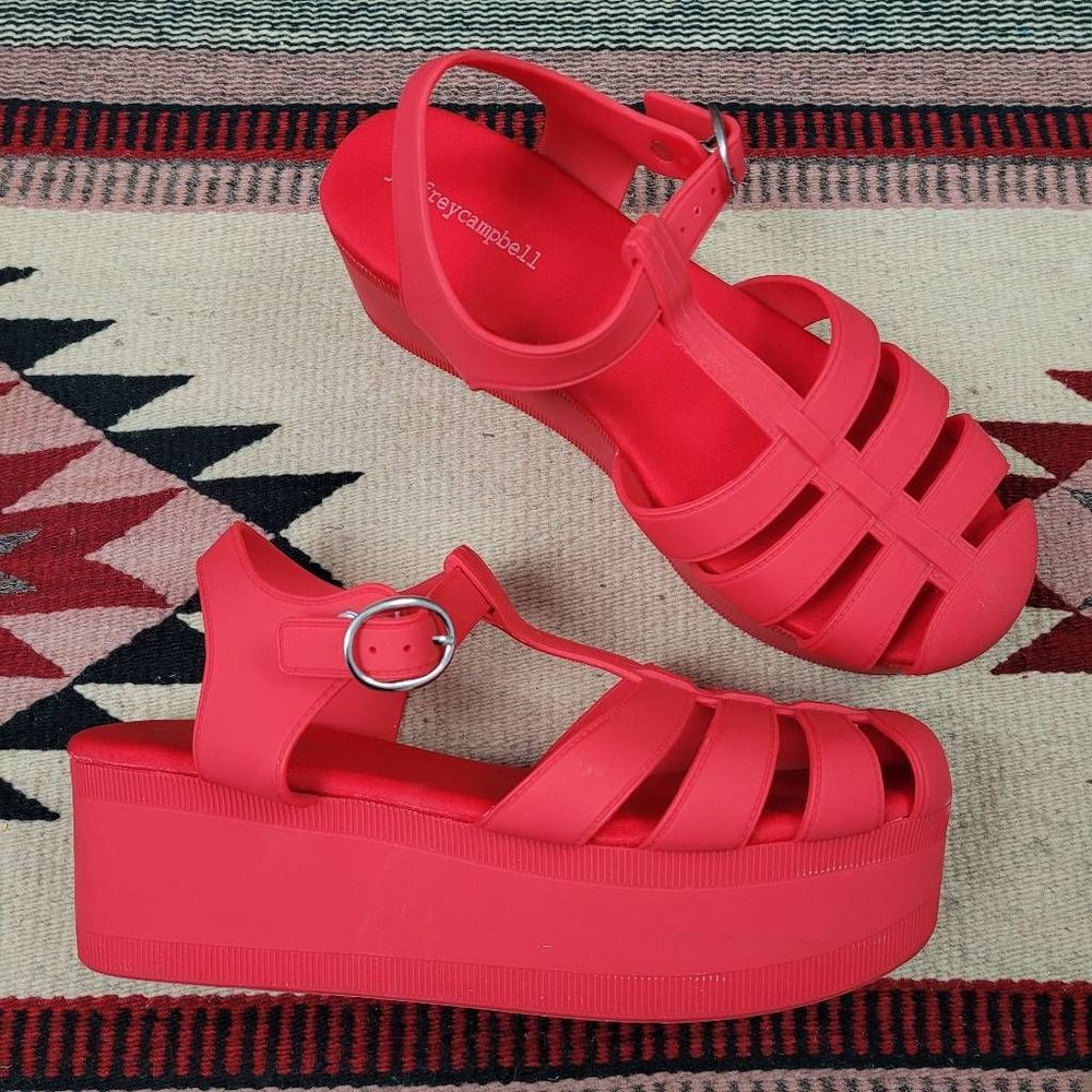 Jeffrey Campbell Red Candied Jelly Sandals Sz 8 Platform 90s Y2K Fisherman